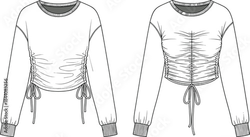 Women ruched crop top, long sleeve fashion garment, technical flat CAD drawing, apparel design vector illustration for clothing manufacturing