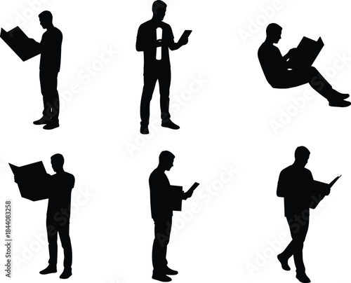 Man reading silhouettes collection, people holding books and documents, education, learning, information study, knowledge, reading habits, lifestyle concept illustration