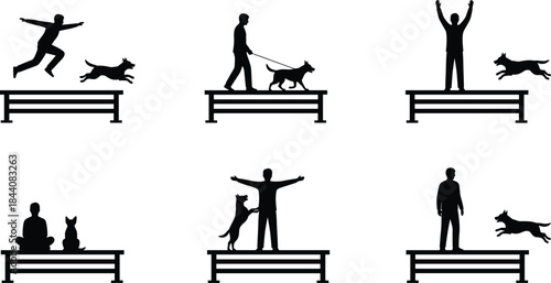 Man training dog agility on bench silhouette illustration set showing obedience, jumping, trust and teamwork, outdoor pet activity, black and white vector