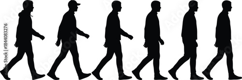 Man walking silhouette illustration set showing different casual poses and motion sequence, everyday lifestyle movement, black and white vector design
