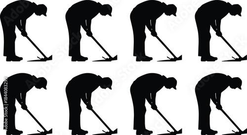 Manual labor worker digging with shovel silhouette illustration set, repetitive construction work poses, industrial effort, black and white vector art