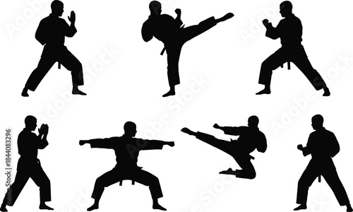 Martial artist karate fighter silhouette illustration set showing combat stances and kicks, traditional martial arts poses, black and white vector