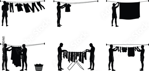 People hanging laundry silhouettes, clothes drying on clothesline, household chores, domestic life routine, washing day concept, daily activity illustration