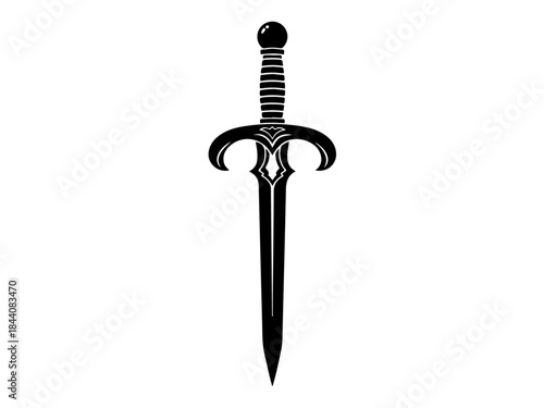 A black silhouette of a stylized medieval sword with an ornate hilt and a pointed blade on a white background.