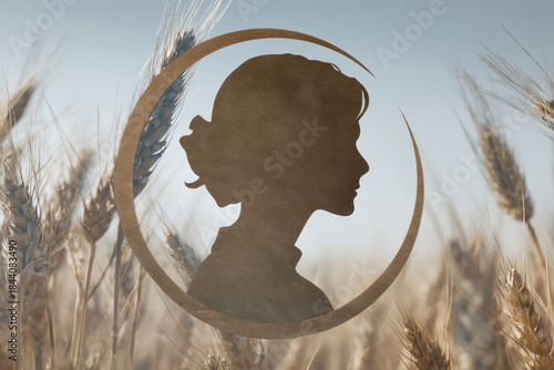 Rural woman silhouette in circular wheat frame, profile portrait overlay on golden grain field evoking rustic calm and nostalgic countryside mood