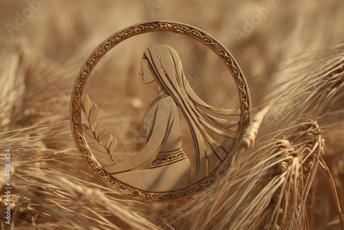 Golden rural woman emblem in circular wheat frame holding branch, serene harvest symbol with flowing hair and ornate border evokes rustic warmth and agricultural tradition