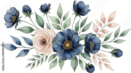 Beautiful watercolor floral composition with blue flowers and pale pink roses isolated on transparent background hand drawn leaves botanic elegant bouquet elements