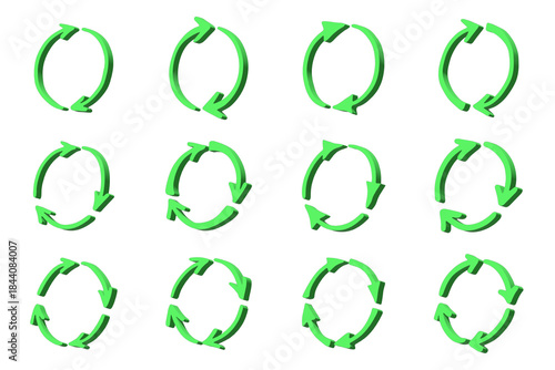 Set of 3d recycle arrow icon Recycling resources symbol Reuse of materials, zero waste, green environment, saving the planet