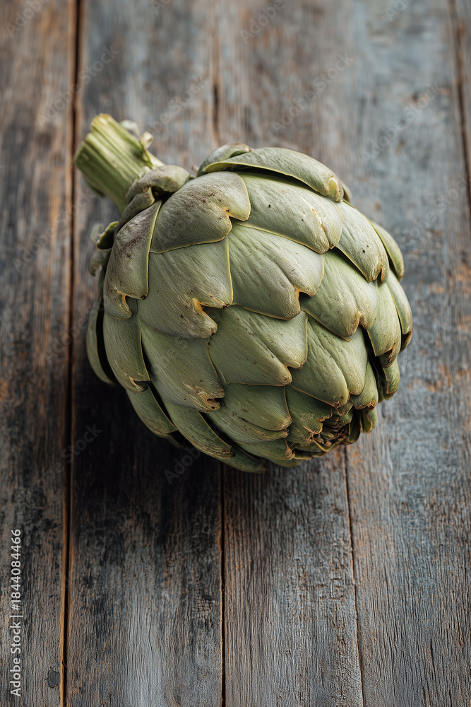 Obraz premium A single fresh artichoke rests on a wooden background. This vegetable showcases its unique shape and color, perfect for culinary inspiration or healthy eating projects.