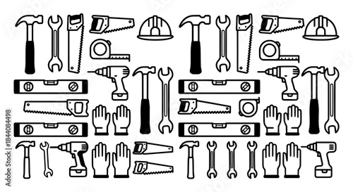 Line-art collection of hand tools and safety gear arranged in a grid