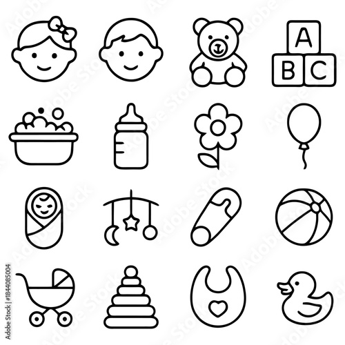 Adorable Baby Essentials: A curated collection of essential items, showcasing baby face, teddy bear, blocks, bubbles, bottle, flower, balloon, baby, mobile, safety pin, ball, stroller, tower, bib.