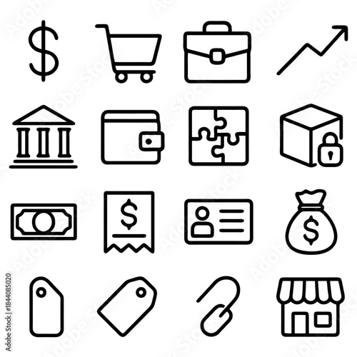 Modern Financial Icons: A collection of simple, yet sophisticated vector icons representing finance and commerce. Showcasing monetary symbols, essential business tools, and elements of trade. 