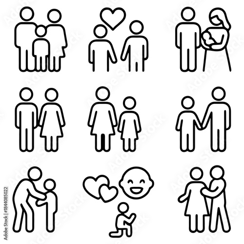 Family Pictogram: A collection of simple pictograms illustrating various family compositions and relationship dynamics. The icons depict family unity, love, and diverse family structures. 