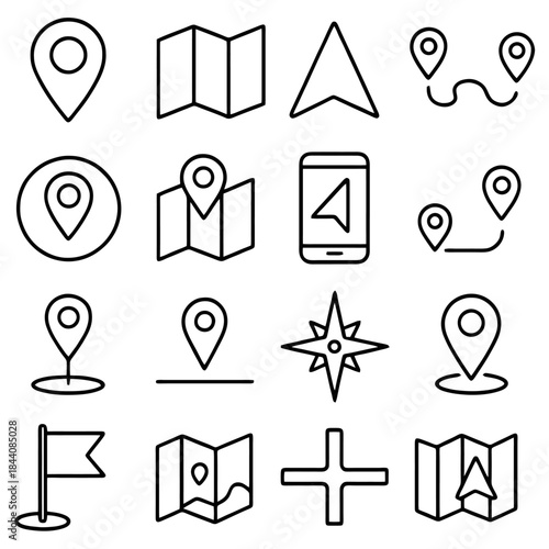 Navigational Icons in Digital Era: A collection of sleek, minimalist navigational icons, perfect for modern digital interfaces, illustrating direction, location, and the spirit of exploration.