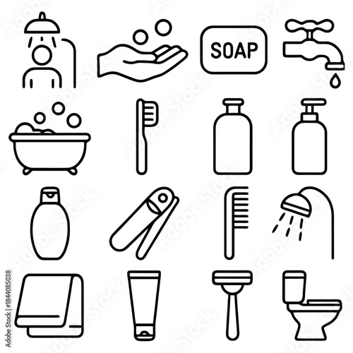Bath Essentials Icon Set: A collection of meticulously designed icons representing essential bath and hygiene items, embodying simplicity and functionality.