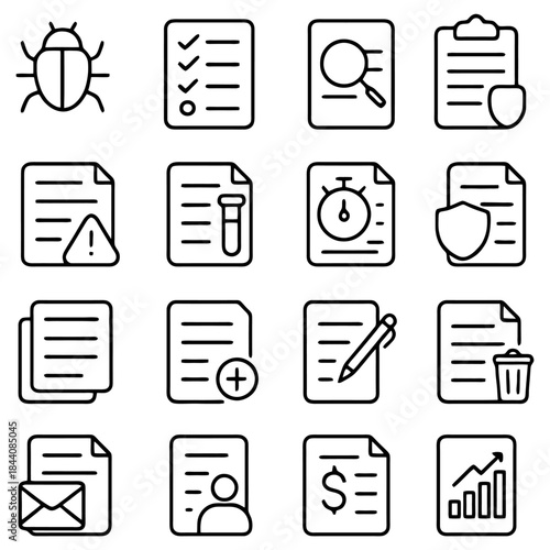 Document Icons: A collection of concise document icons. Featuring file formats, magnifying glass, clipboard and security, document analysis, and document management with the touch of a pen.