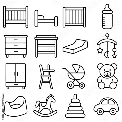 Baby Essentials: A collection of essential baby items, from a cozy crib and feeding bottle to a playful rocking horse and toy car.
