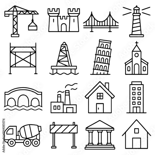 Architectural Marvels: A curated collection of meticulously designed line art icons, each representing a unique structure and architectural element, providing visual versatility.