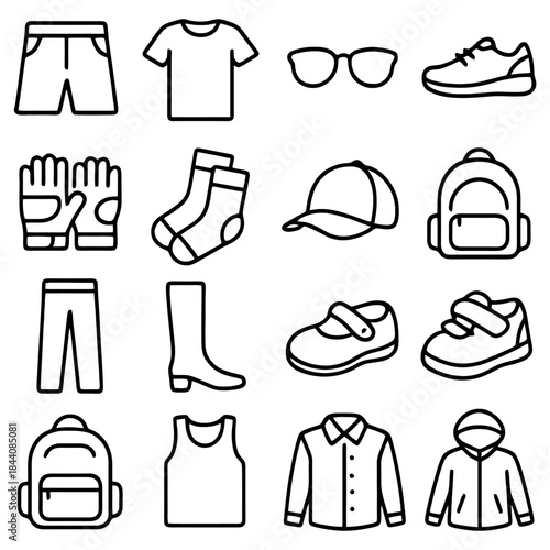 Collection of Clothing Essentials: A comprehensive array of essential clothing items and accessories, rendered in a clean, minimalist style. From the sturdy boots to the trendy glasses.
