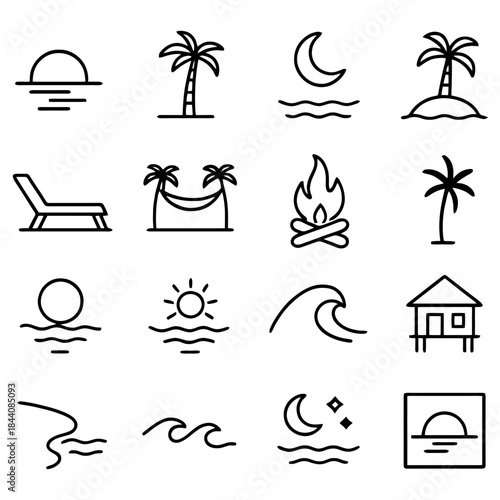 Serene Coastal Icons: A collection of minimalist line art icons, each portraying a facet of the idyllic seaside scene, evoking tranquility and the essence of a perfect summer day.
