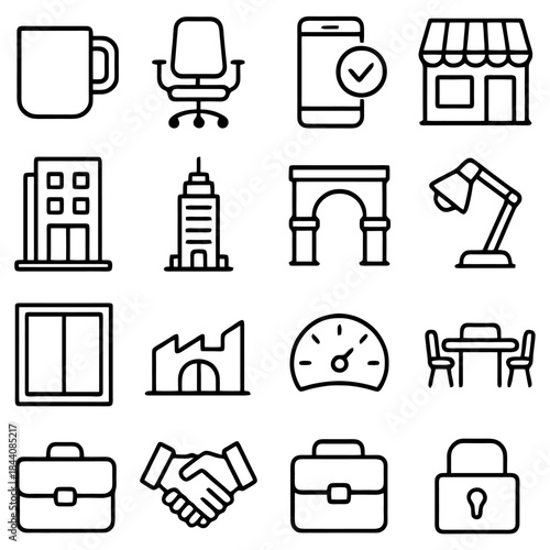 Business icons in vector set: A clean vector set showcasing various elements essential for modern business and professional life, presenting a sleek, uniform aesthetic. 
