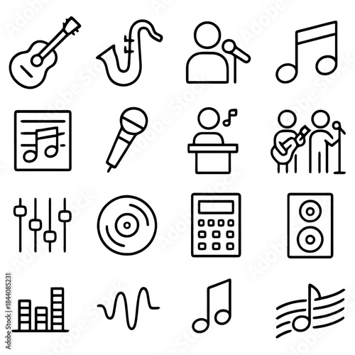 Musical Icon Collection: A set of essential line art symbols, representing various musical elements and instruments. Perfect for illustrating musical themes.