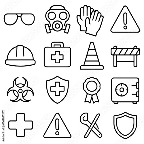 Safety Icons Compilation: A comprehensive collection of safety icons, essential tools and symbols, perfectly presented for a visual representation. 