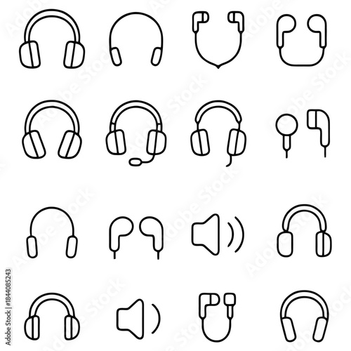 Audio Collection: A diverse compilation of audio devices, headphones, and earbuds, showcasing a spectrum of styles and forms, all streamlined and neatly displayed.