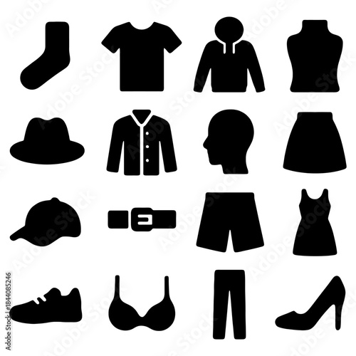 Fashion essentials set: Illustrative icons of diverse fashion pieces are elegantly arranged, offering a comprehensive representation of wardrobe staples.