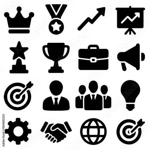 Business Icon Array: A collection of meticulously crafted, elegant black icons representing diverse aspects of the business world, perfect for visual storytelling and conceptual representation.