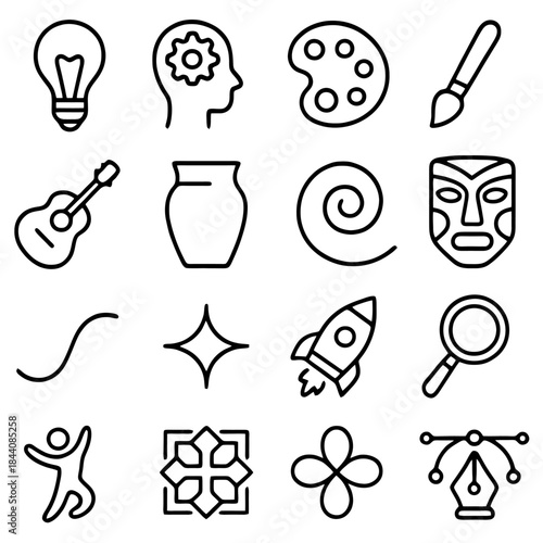 Symbolic Iconography: A collection of diverse and symbolic icons, each a minimalist representation of concepts, instruments, tools, and ideas.