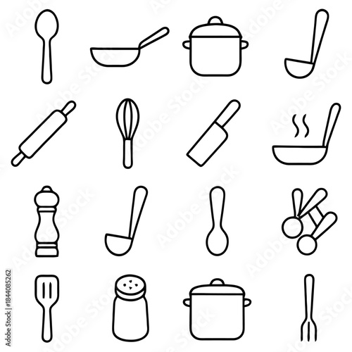 Culinary Tools: A minimalist collection of essential cooking tools, illustrating culinary equipment. Each item is precisely rendered.