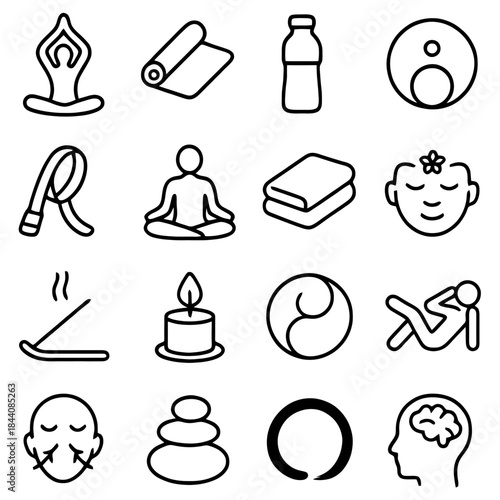 Yoga and Wellness Essentials: A collection of minimalist line art icons beautifully represent the core elements of yoga and wellness. It evokes a sense of serenity, inner peace, and mindful practice.