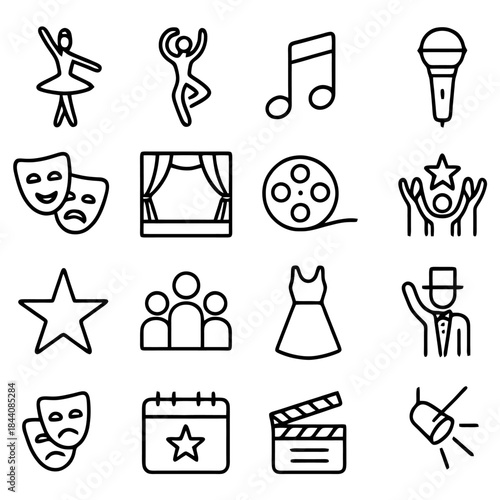 Stage and Performance Icon Set: A comprehensive collection of iconic symbols representing the diverse facets of performing arts.
