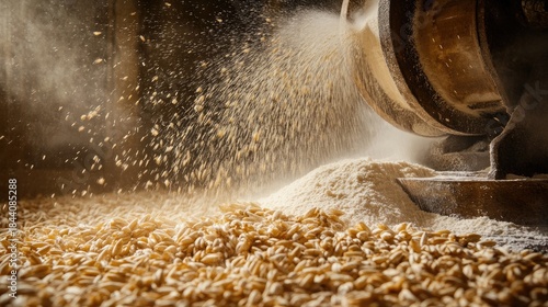 Close-up of grain being milled into flour, creating a dusty cloud.