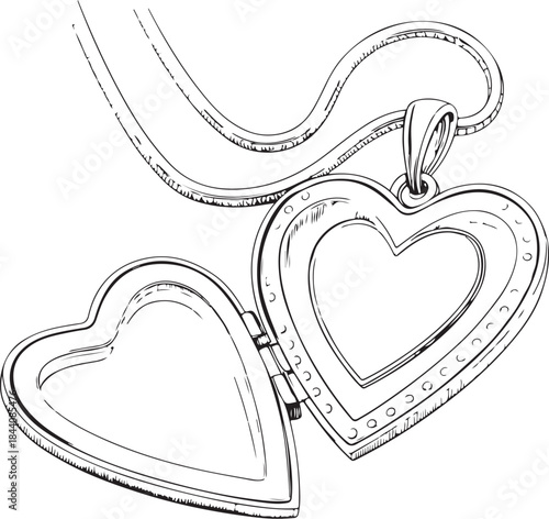 Heart-shaped locket necklace St. Valentine Love Hand-drawn Sketch Drawing Vector Illustration, Line Linear Symbol Engraving Coloring Book, Black and White Isolated