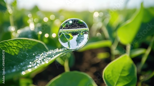 Crystal clear water drop reflecting nature on a vibrant green leaf.