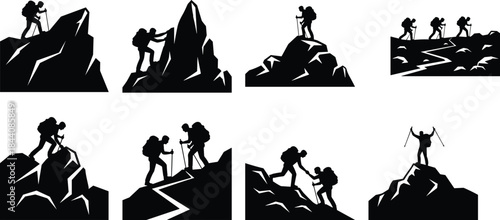 Mountain hiking silhouettes, trekking illustration, outdoor adventure, teamwork, climbing gear, summit 