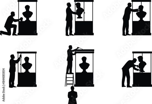 Museum curator installing and adjusting sculpture display case, handling artwork preservation, professional maintenance process, artifact inspection 