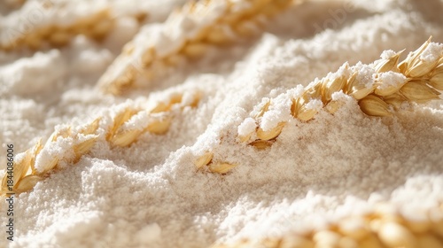 Golden Rice Ears Resting on a Bed of Fine White Rice Flour.