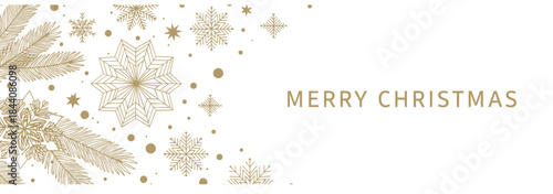Elegant Merry Christmas banner featuring luxurious gold outline snowflakes and fir tree branches on a white background, perfect for a chic, minimalist holiday greeting card vector.