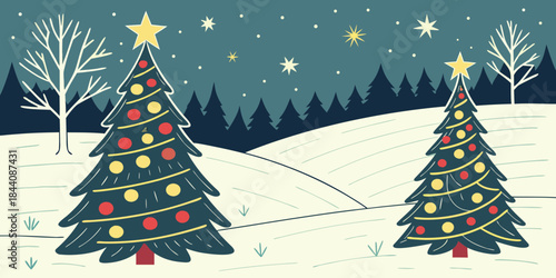 A christmas scene with trees and stars in the sky 