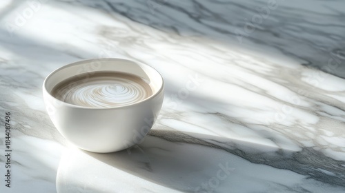 White ceramic bowl with a light brown beverage and foam on a marble surface with natural light and shadows.