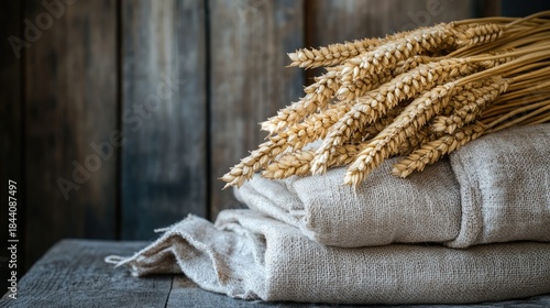 Wheat stalks resting on folded linen cloth, rustic still life.