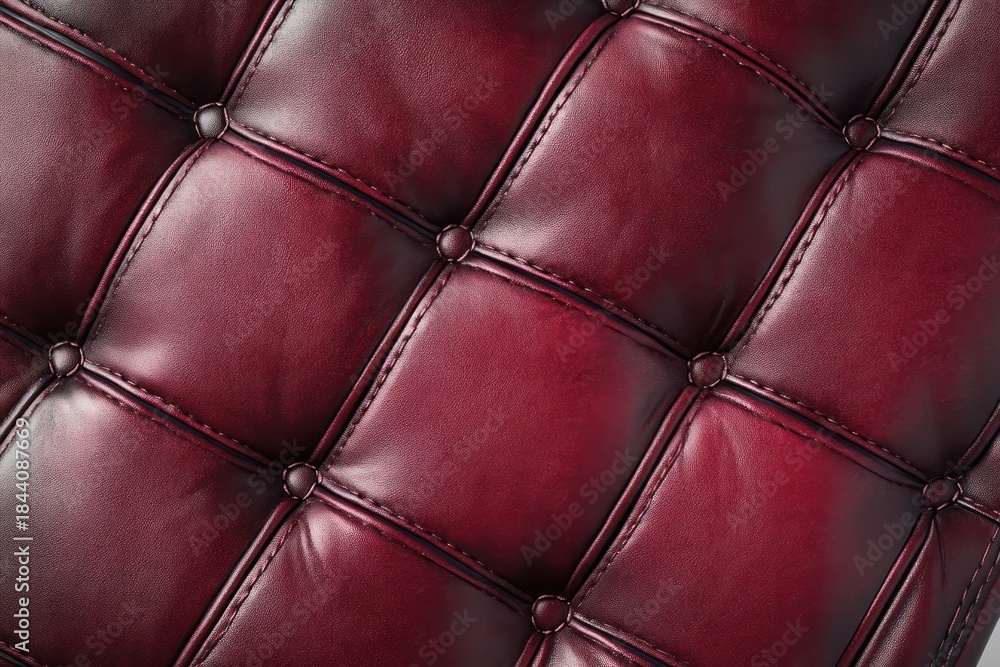 Fototapeta premium Close-up of dark red tufted leather upholstery with buttons and visible stitching creating a quilted pattern