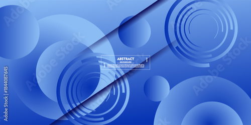 Abstract geometric banner background design with overlapping circles. Blue horizontal background. EPS10 vector.