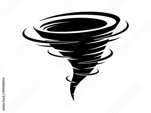 A black and white graphic illustration of a swirling tornado vortex, representing a powerful natural weather phenomenon.