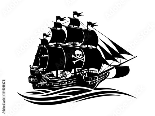 Black silhouette of a classic pirate ship with skull and crossbones flag sailing on stylized waves, an iconic symbol of adventure and piracy.