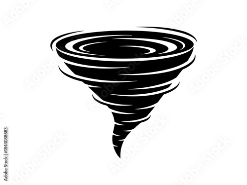 Stylized black and white tornado or whirlwind icon representing severe weather.