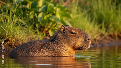 Natural wildlife Capybara mammal relaxing in tropical environment soft daylight peaceful mood animal photography for ecology conservation education blog visual content and commercial stock use